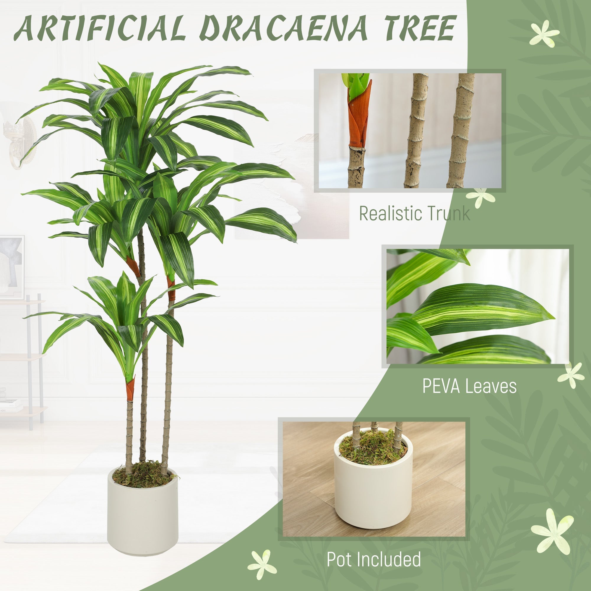 HOMCOM 120cm artificial dracaena tree with bendable tan trunks and green leaves with yellow stripes in white pot