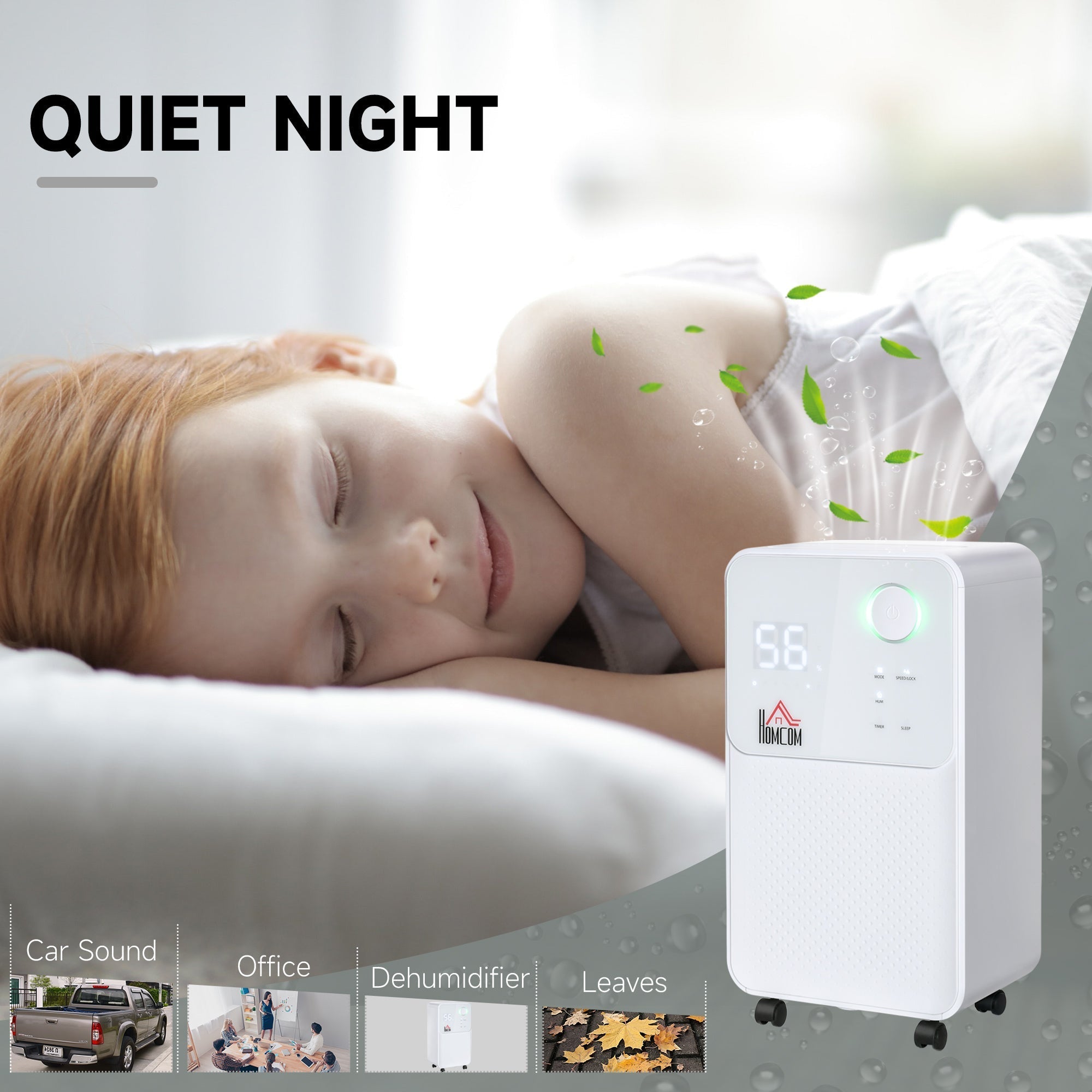 White rectangular homcom dehumidifier with digital display and rolling casters for 8-12m² rooms with 38db operation
