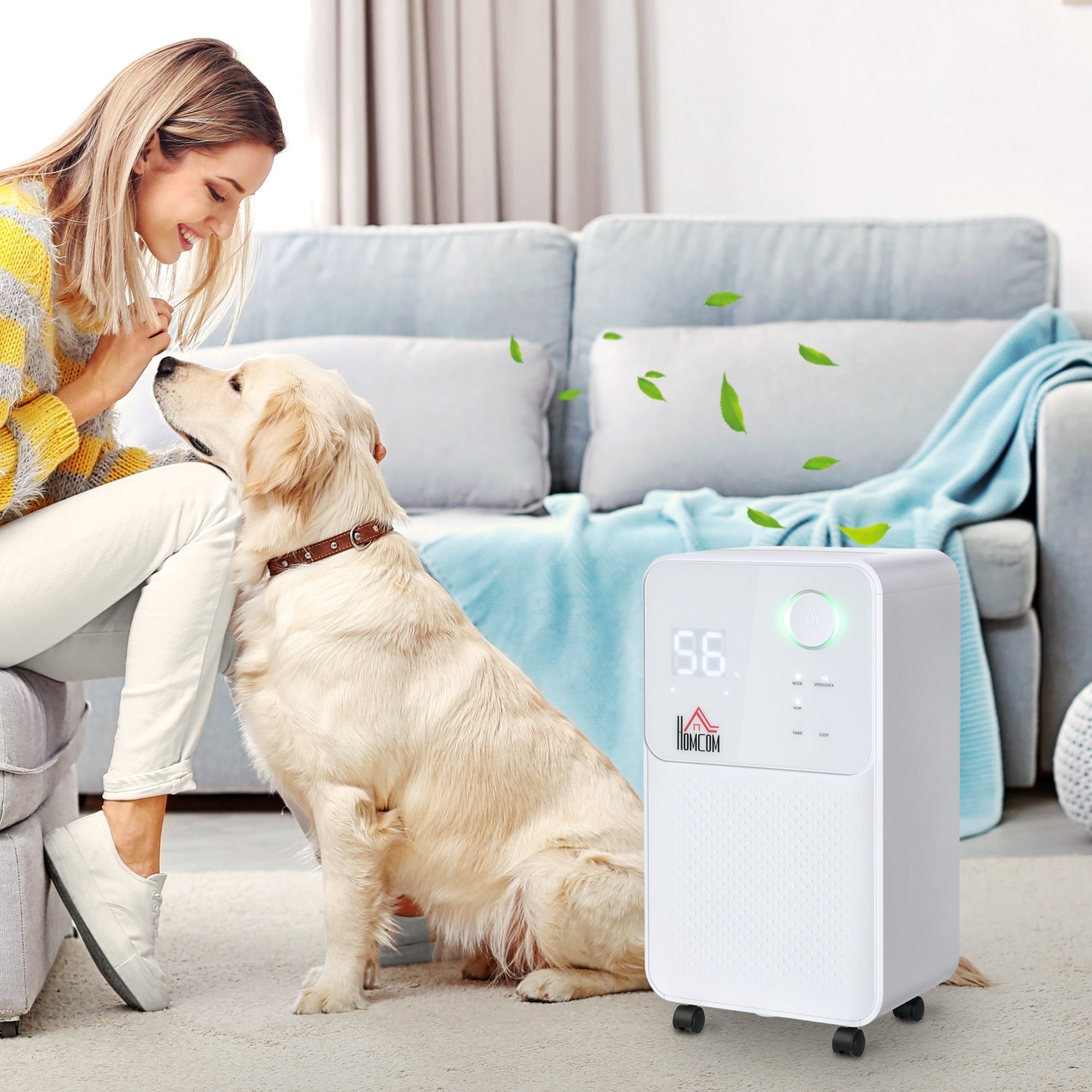 White homcom 12l/day dehumidifier with digital display and green power button ideal for 8-12m² with 38db operation