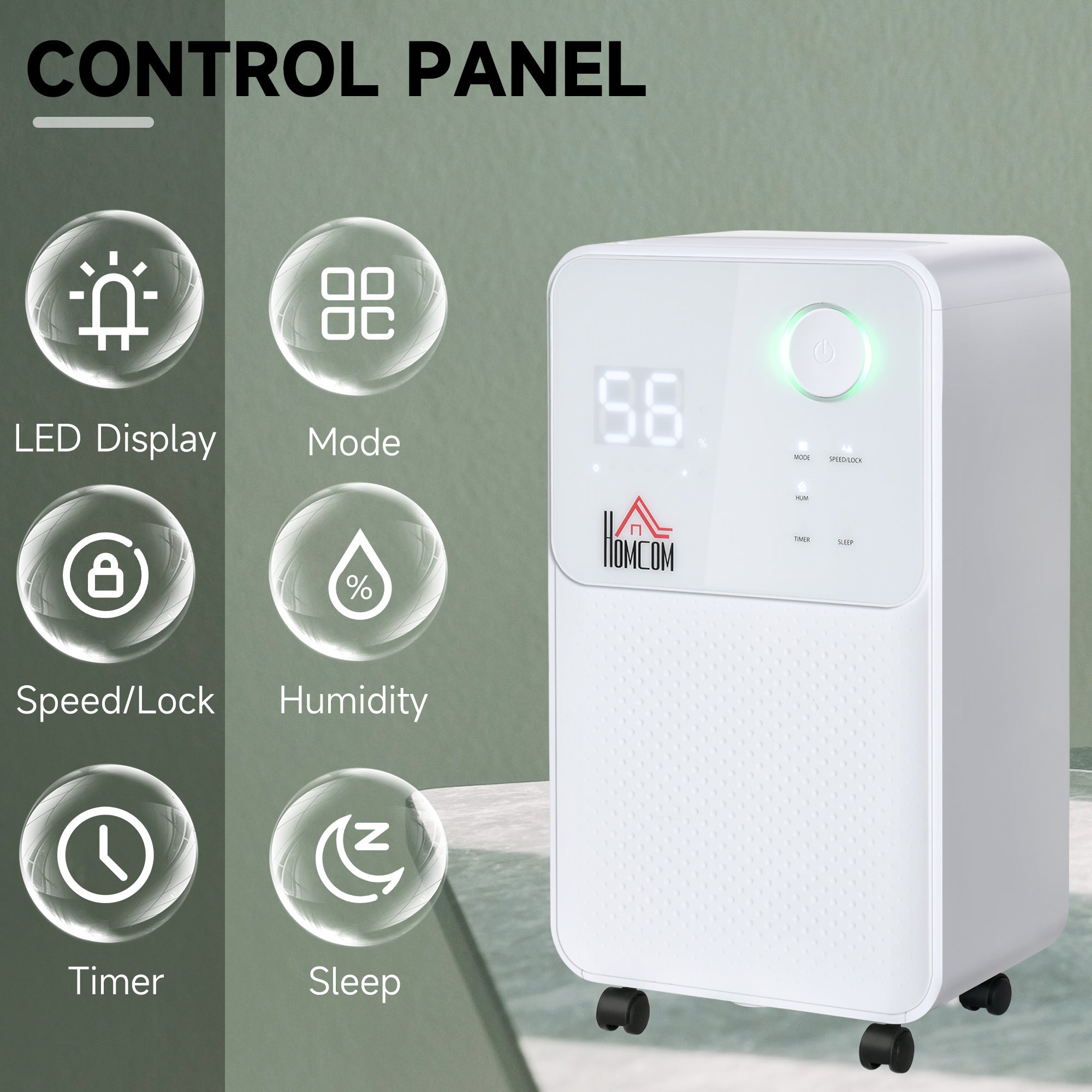 White homcom 12l/day dehumidifier with digital display showing 56 humidity and high speed quiet 38db operation for 8-12m² rooms