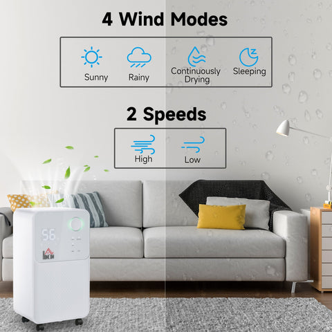 White homcom 12l/day dehumidifier with digital display caster wheels high speed 38db operation for 8-12m² rooms