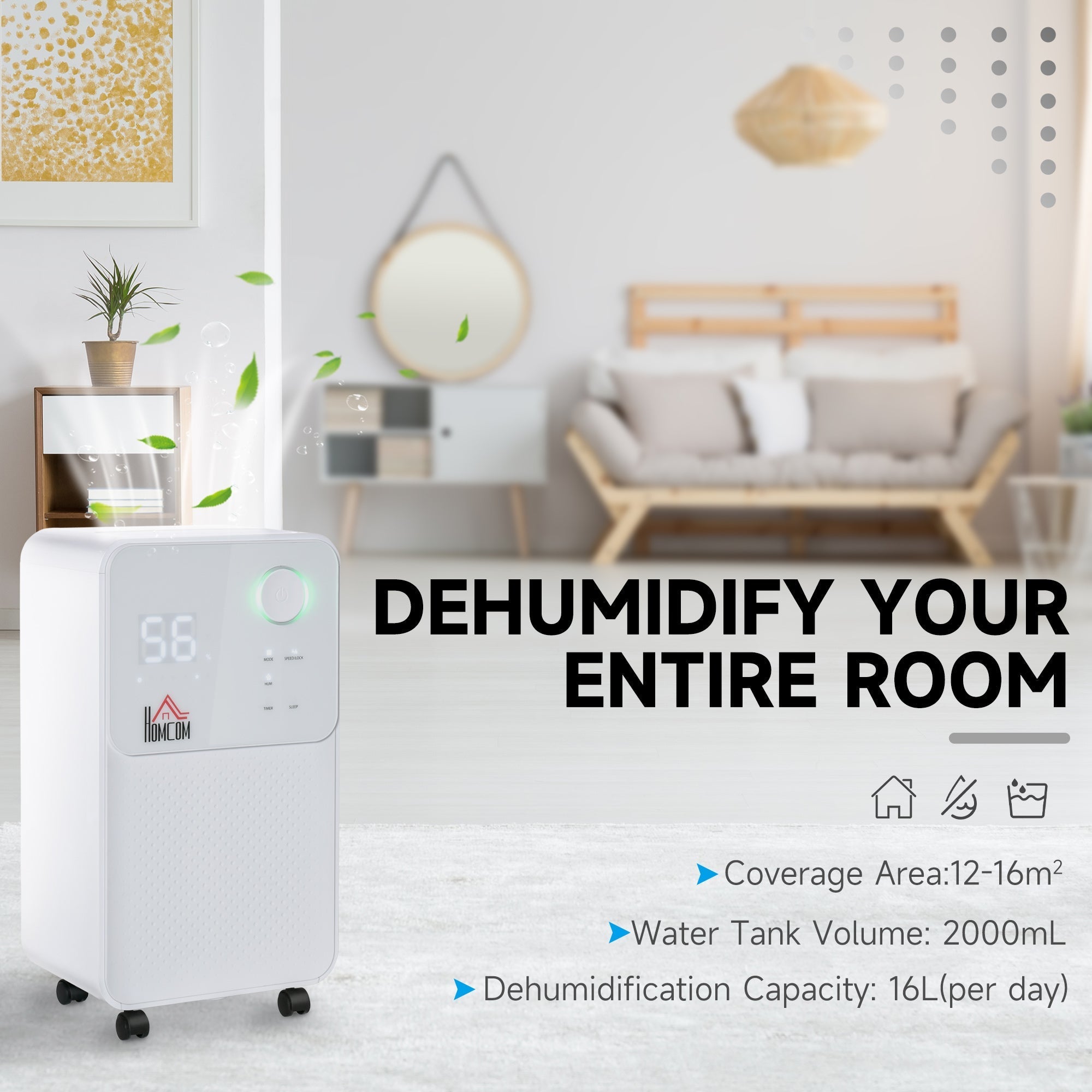 White homcom 12l/day home dehumidifier with digital display caster wheels high speed 38db operation for 8-12m² rooms