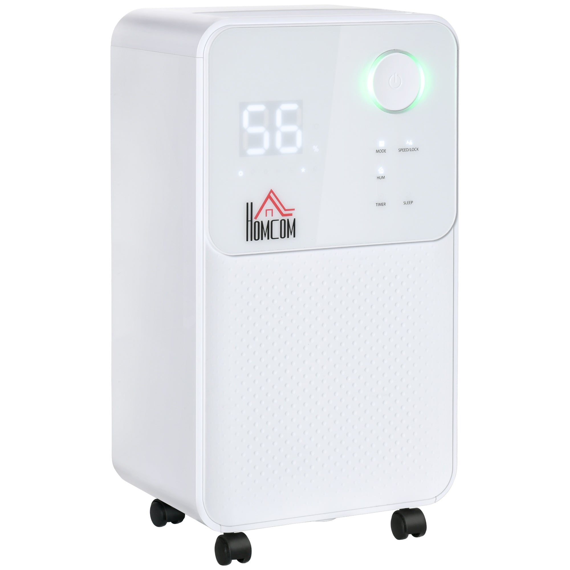 White homcom 12l/day dehumidifier with digital display 56 power button and black caster wheels for 8-12m² rooms
