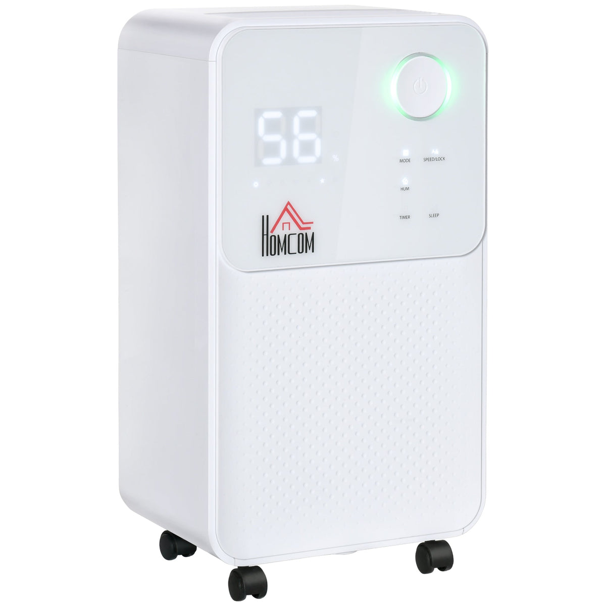 White homcom 12l/day dehumidifier with digital display 56 power button and black caster wheels for 8-12m² rooms