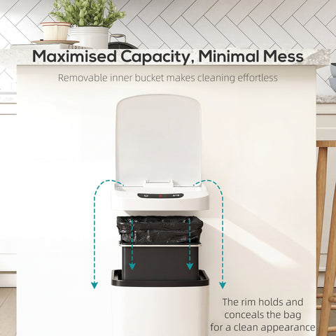 White and black homcom 12l sensor bin with infrared sensing and manual touch button made of fingerprint resistant stainless steel