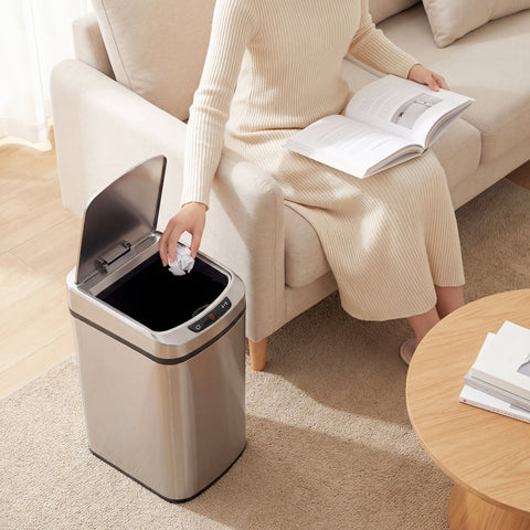 Silver stainless steel sensor bin with automatic lid and infrared sensing for touchless kitchen use by HOMCOM