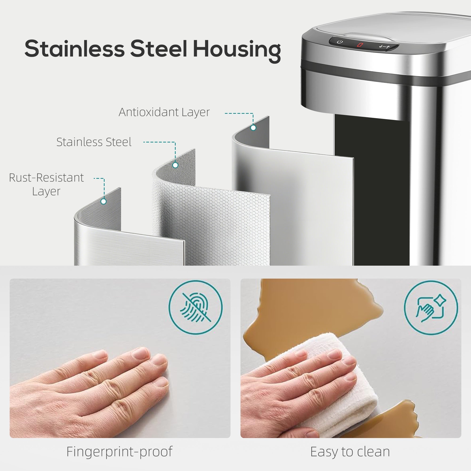 A sleek silver homcom 12l sensor bin with fingerprint resistant stainless steel and infrared sensing for touchless use