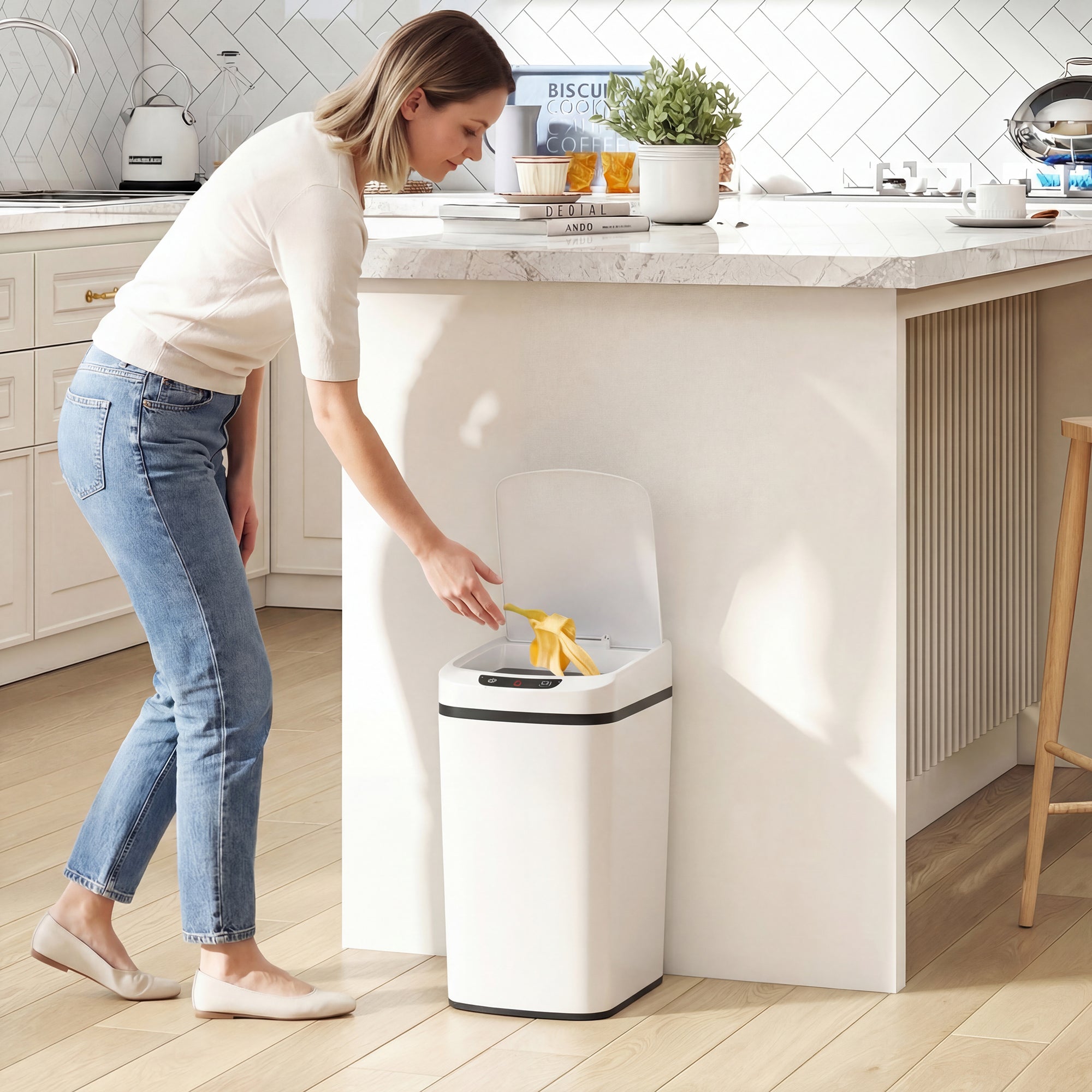 White homcom 12l sensor bin with infrared sensing and manual touch button in fingerprint resistant stainless steel