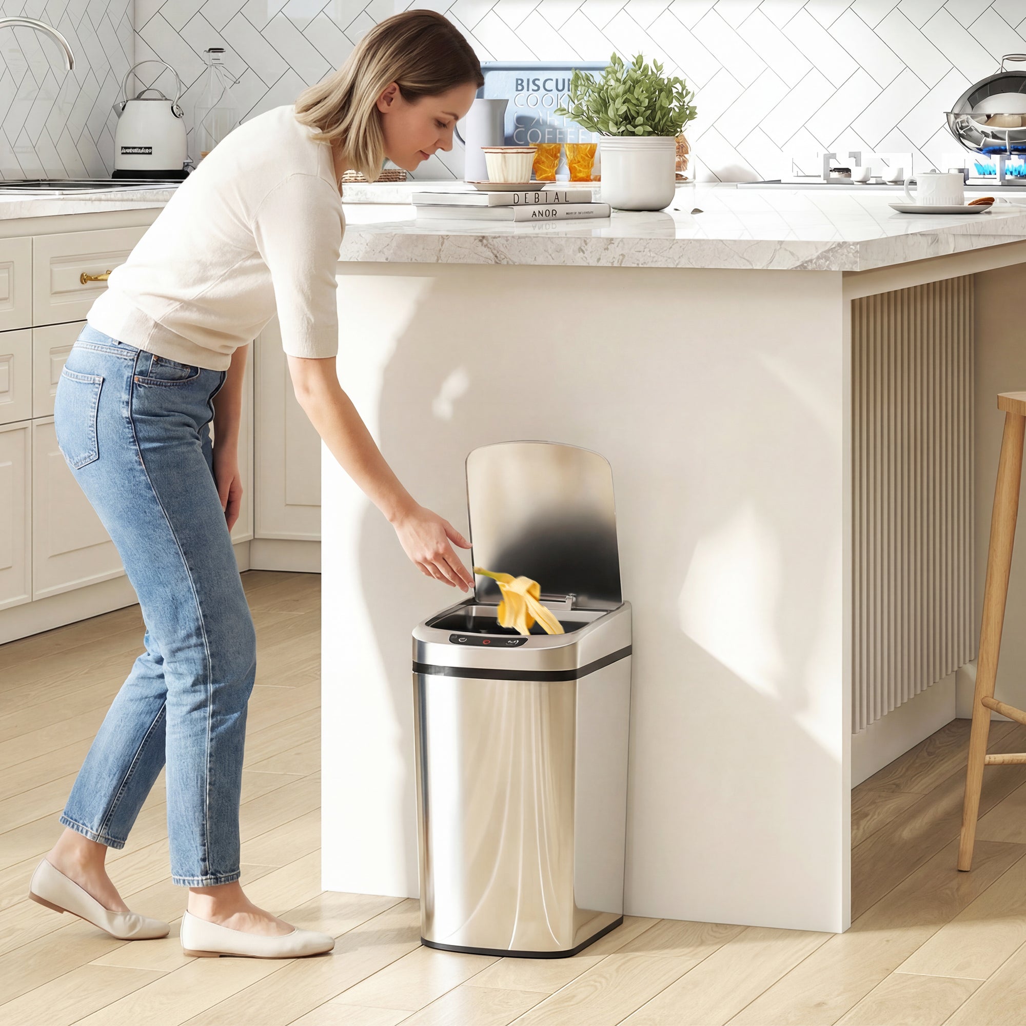 Stainless steel sensor bin with black trim and infrared sensing for touchless kitchen use by HOMCOM 12L