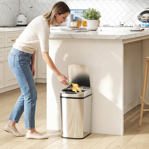 Stainless steel sensor bin with black trim and infrared sensing for touchless kitchen use by HOMCOM 12L
