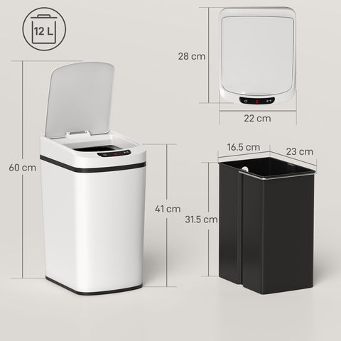 White and black homcom 12l sensor bin with fingerprint resistant stainless steel and infrared sensing automatic lid