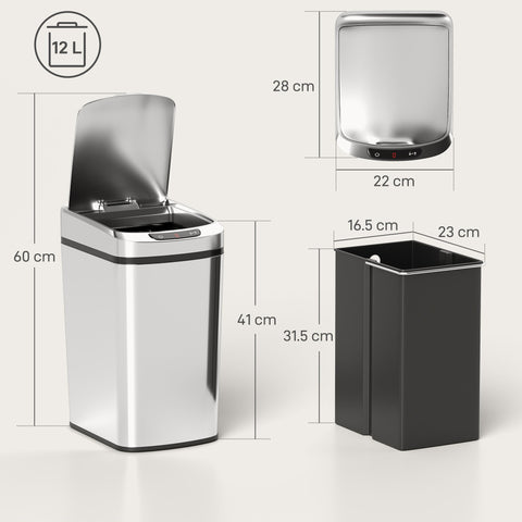 Homcom 12l silver sensor bin with fingerprint resistant stainless steel and infrared sensing for touchless use