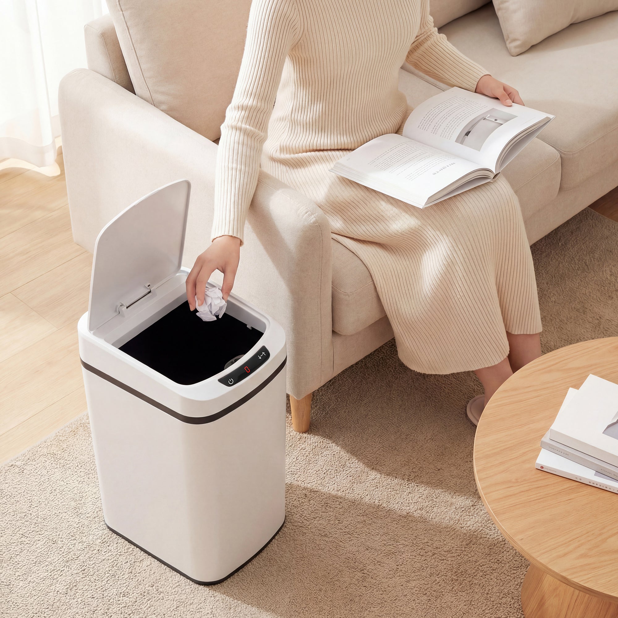 White homcom 12l sensor bin with black interior automatic touchless lid fingerprint resistant stainless steel