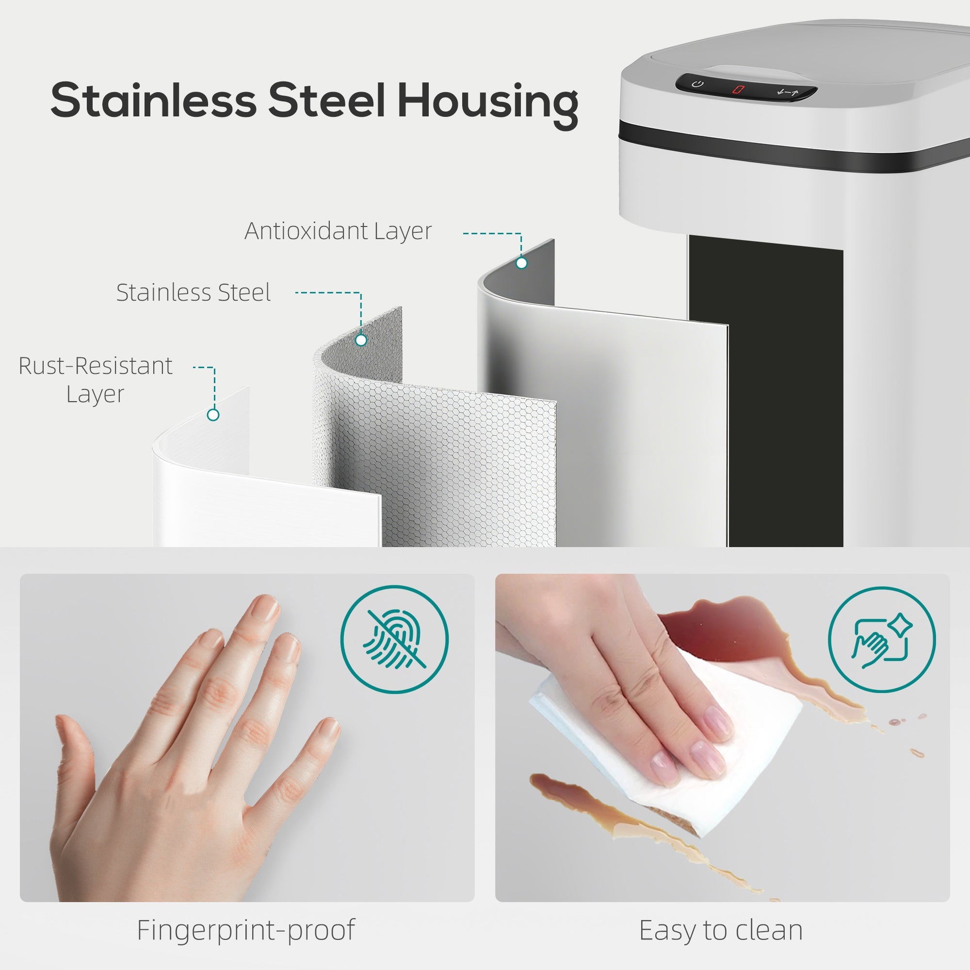 White and black stainless steel sensor bin with infrared sensing and fingerprint resistant finish for touchless use