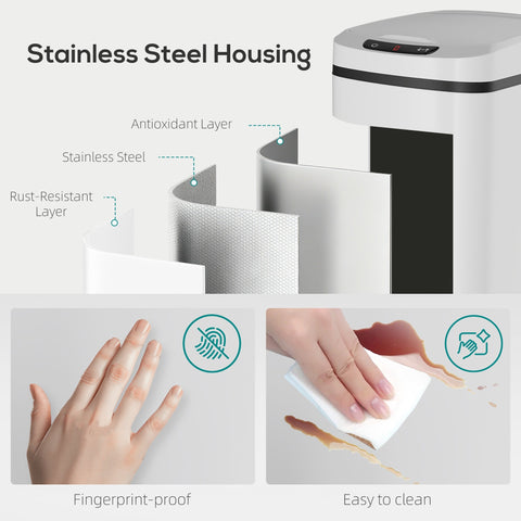 White and black stainless steel sensor bin with infrared sensing and fingerprint resistant finish for touchless use