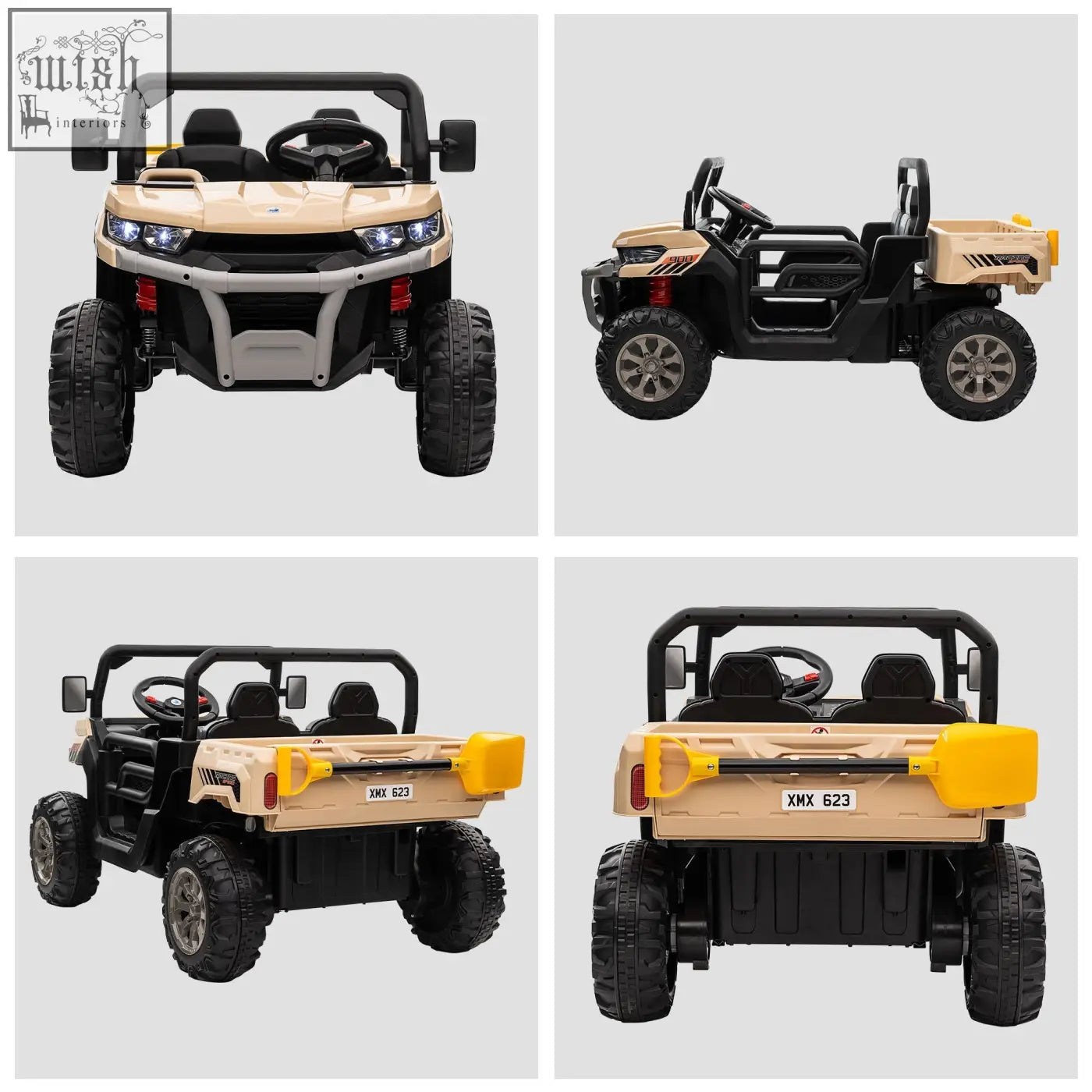 Beige and black two seater kids electric off-road car with yellow shovel attachment and remote control by homcom