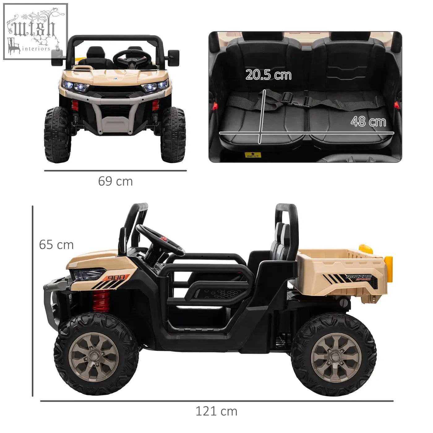 Beige and black homcom 12v 2 seater kids electric off-road ride on car with remote control and rugged tires