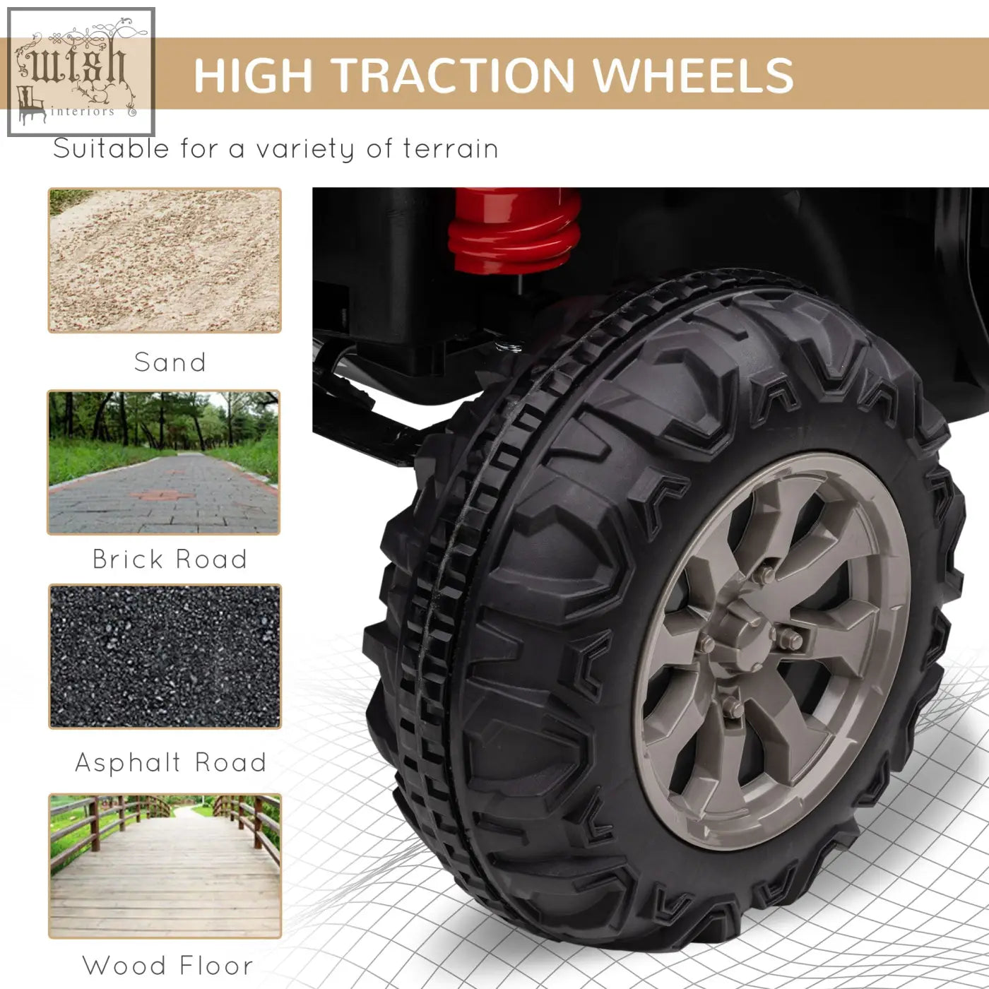 Black rubber tire with deep tread on silver alloy rim for yellow homcom 12v 2 seater kids electric ride-on car with remote control