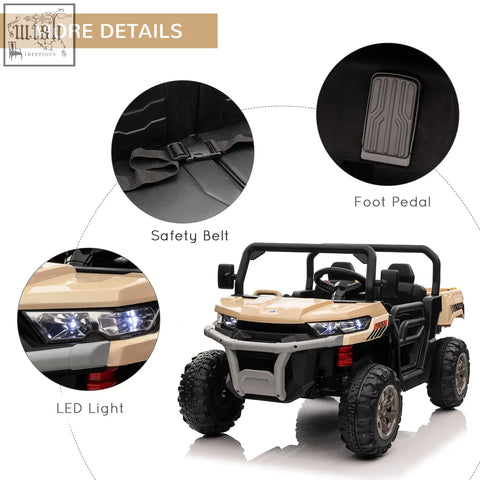 Beige and black homcom 12v 2 seater kids electric off-road car with led headlights remote control and rugged tires