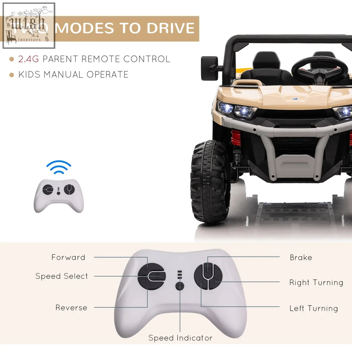 Beige and black homcom 12v 2 seater kids electric ride-on car with rugged tires led headlights and remote control