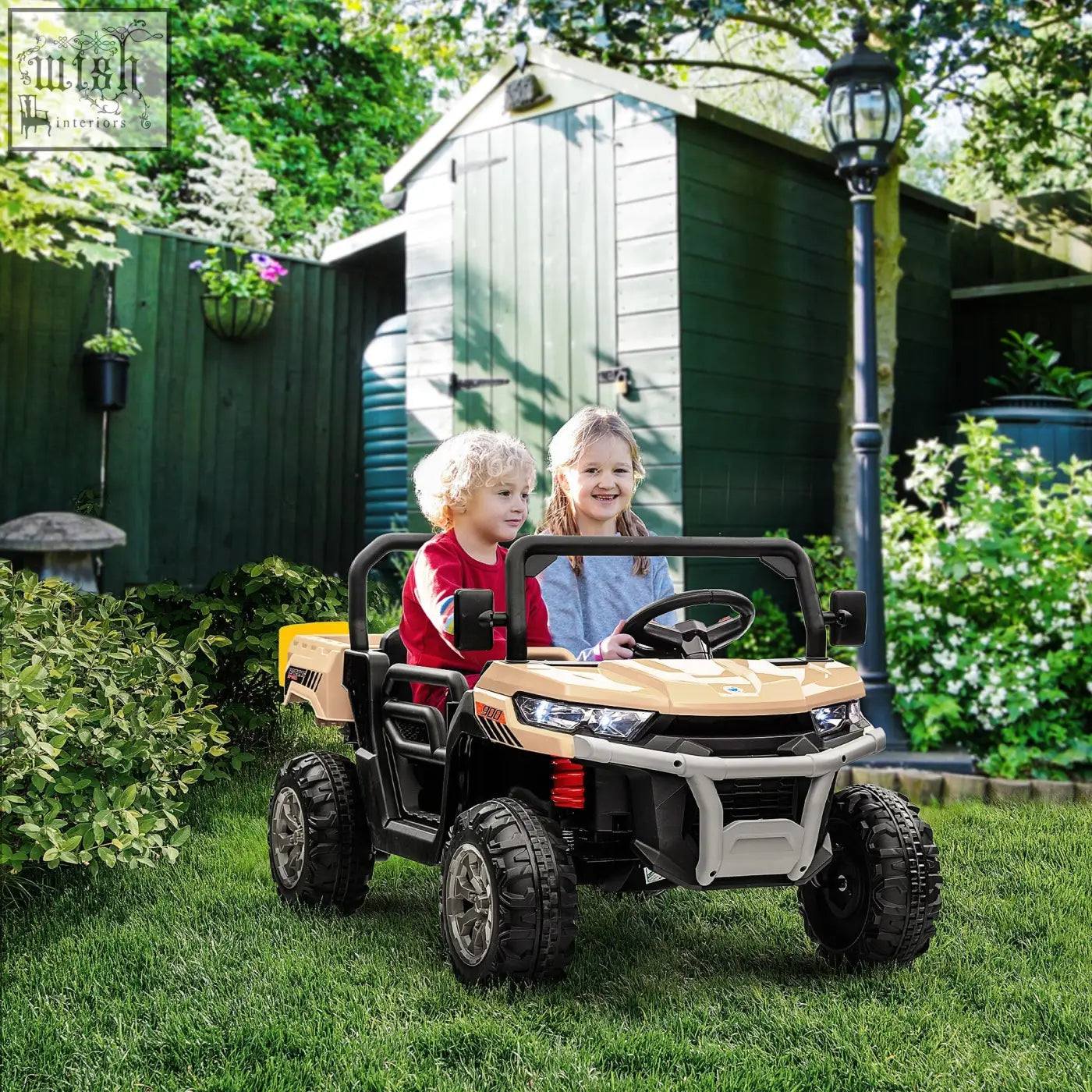 Tan and black homcom 12v 2 seater kids electric ride-on car with remote control rugged off-road design and durable tires