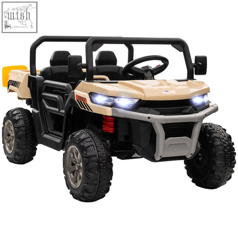 Beige and black homcom 12v 2 seater kids electric off-road vehicle with remote control and rugged tires with illuminated headlights