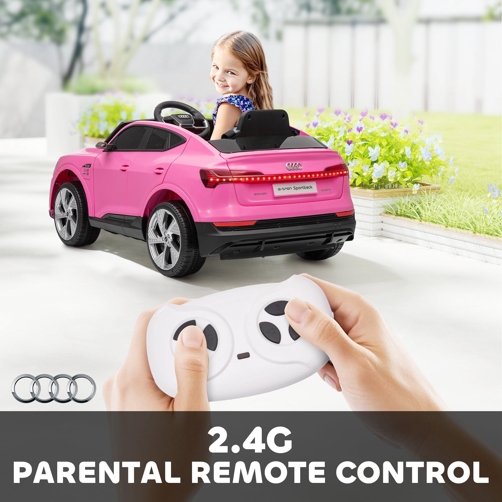 Pink homcom 12v kids electric ride audi sportback toy car with remote control, music, lights, suspension, and card slot