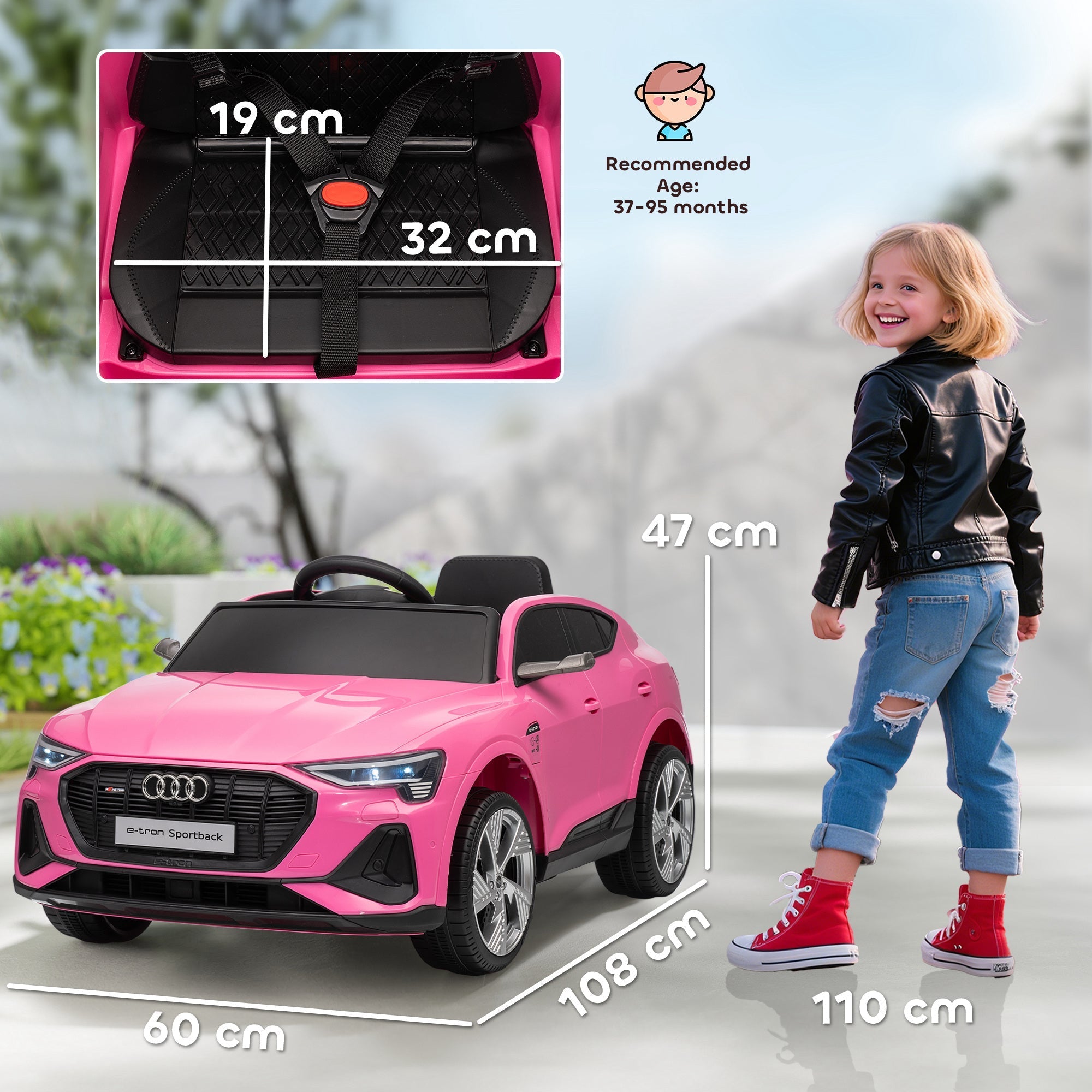 Pink audi e-tron sportback kids electric ride on with remote control, music, lights, suspension wheels, and card slot