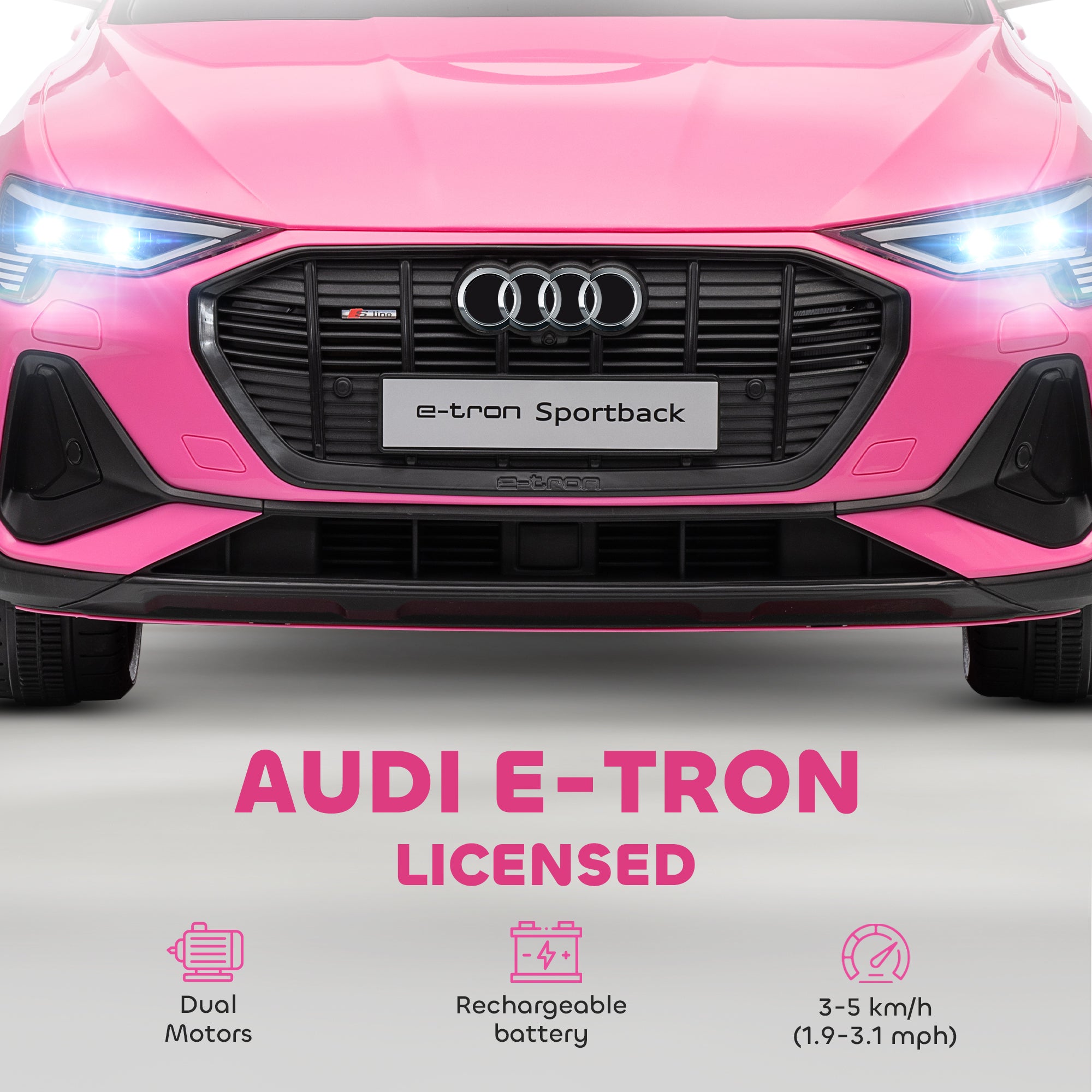 Pink audi e-tron sportback electric ride on car for kids with remote control, music, lights, and card slot