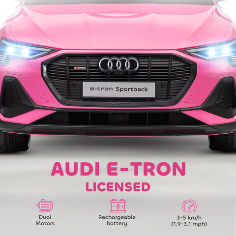 Pink audi e-tron sportback electric ride on car for kids with remote control, music, lights, and card slot