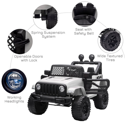 White and black homcom 12v kids electric ride on jeep with extra-wide tyres seat belt remote control and working headlights