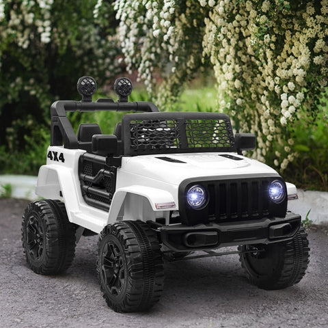 Homcom white and black 12v kids electric ride on jeep with extra-wide tyres led headlights seat belt and remote control