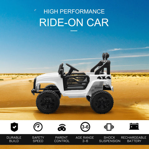 White homcom 12v kids electric ride on jeep with extra-wide tyres seat belt and long run time for ages 3-6
