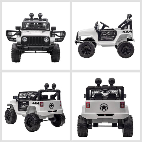 Back view of homcom white and black kids electric jeep with extra-wide tyres seat belt and remote control for ages 3-6