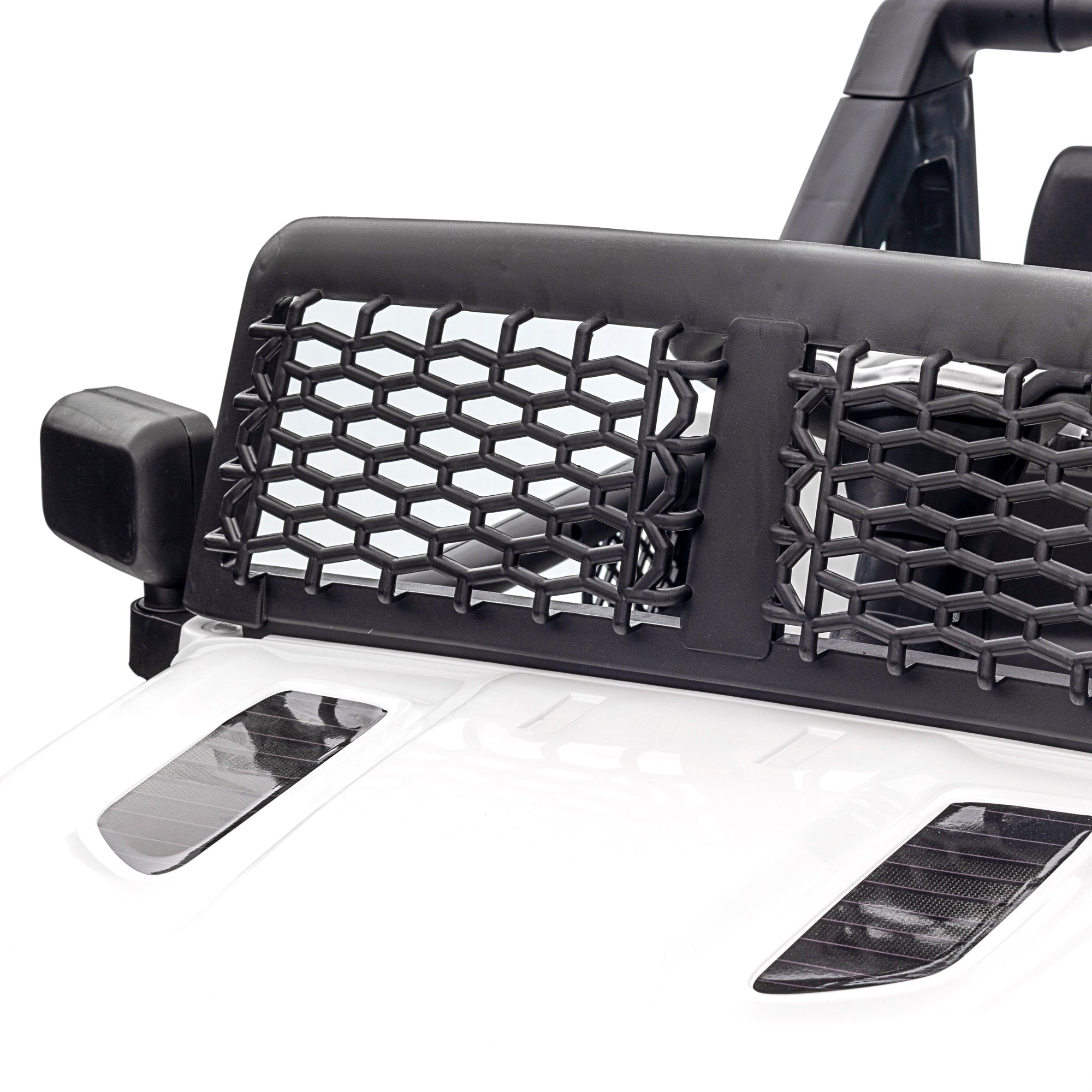 Front view of homcom 12v kids electric ride on jeep with black hex mesh grille, sturdy frame, and seat belt for safety