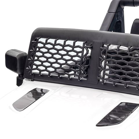 Front view of homcom 12v kids electric ride on jeep with black hex mesh grille, sturdy frame, and seat belt for safety