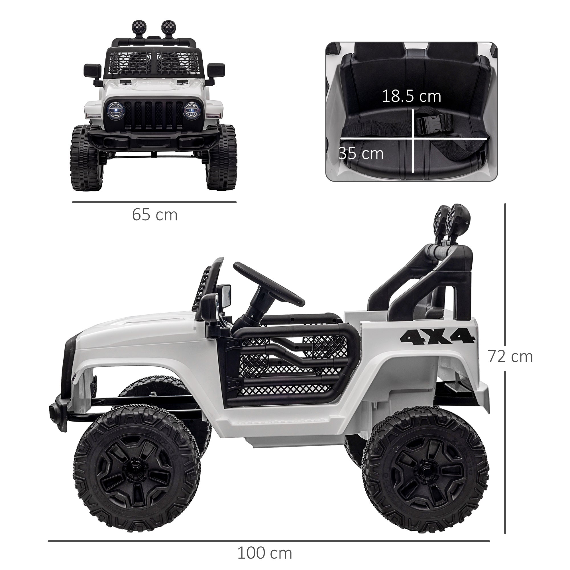 Back view of homcom 12v kids electric toy jeep in white and black with extra-wide tyres mesh side panels seat belt and remote control