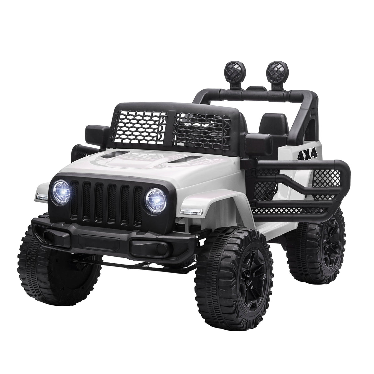 White and black homcom 12v kids electric jeep wrangler toy suv with extra-wide tyres seat belt and remote control