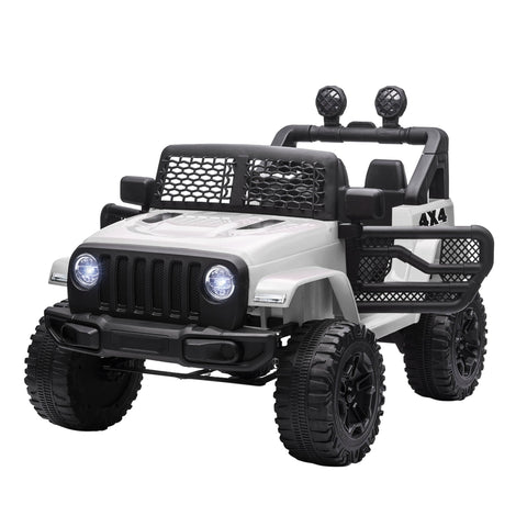 White and black homcom 12v kids electric jeep wrangler toy suv with extra-wide tyres seat belt and remote control