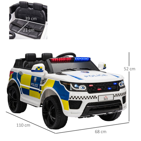 Homcom white and blue kids electric police car with wide tyres adjustable speed and flashing red-blue lights for ages 3-6