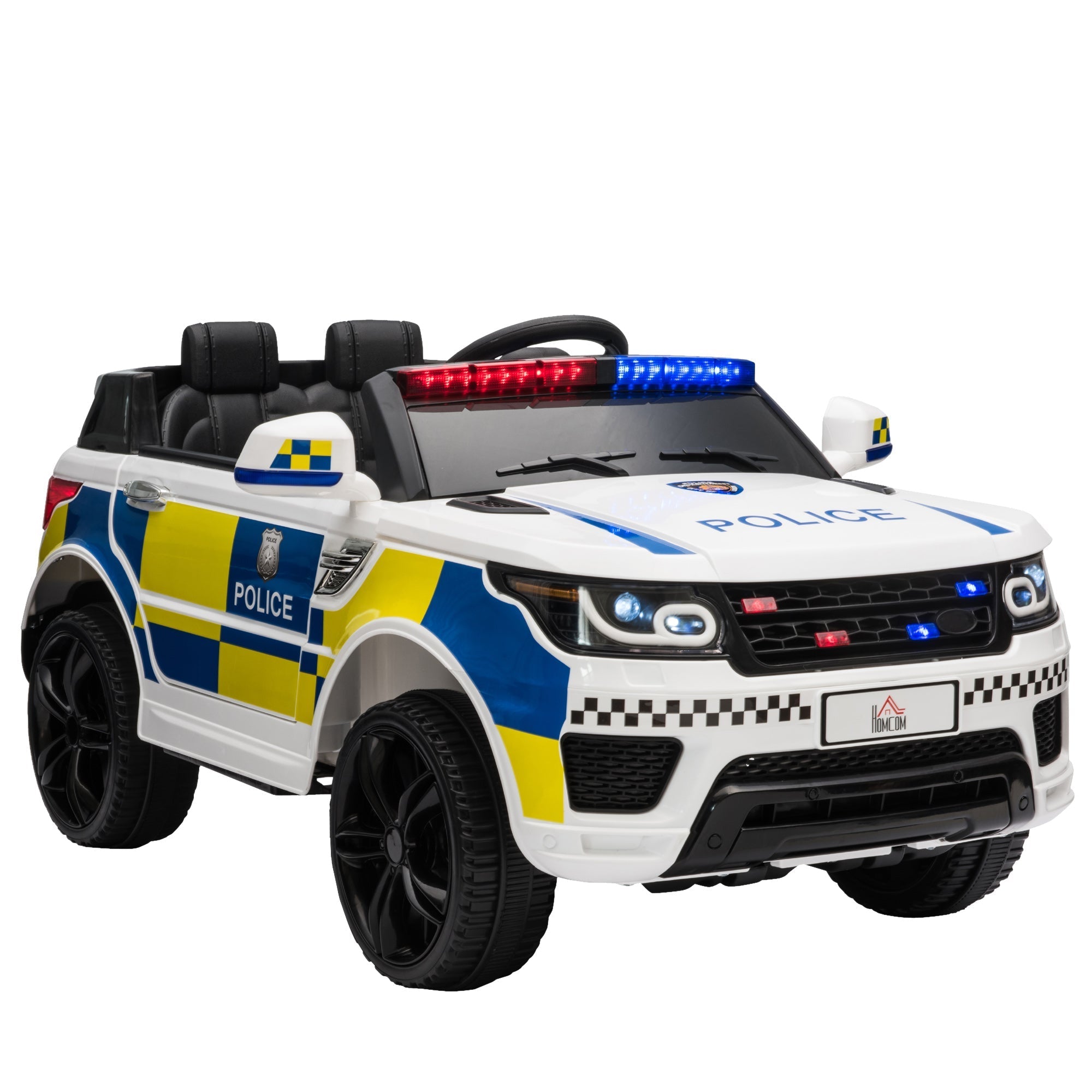 White and blue police car ride on with wide tyres adjustable speed led lights and yellow checkered accents for kids