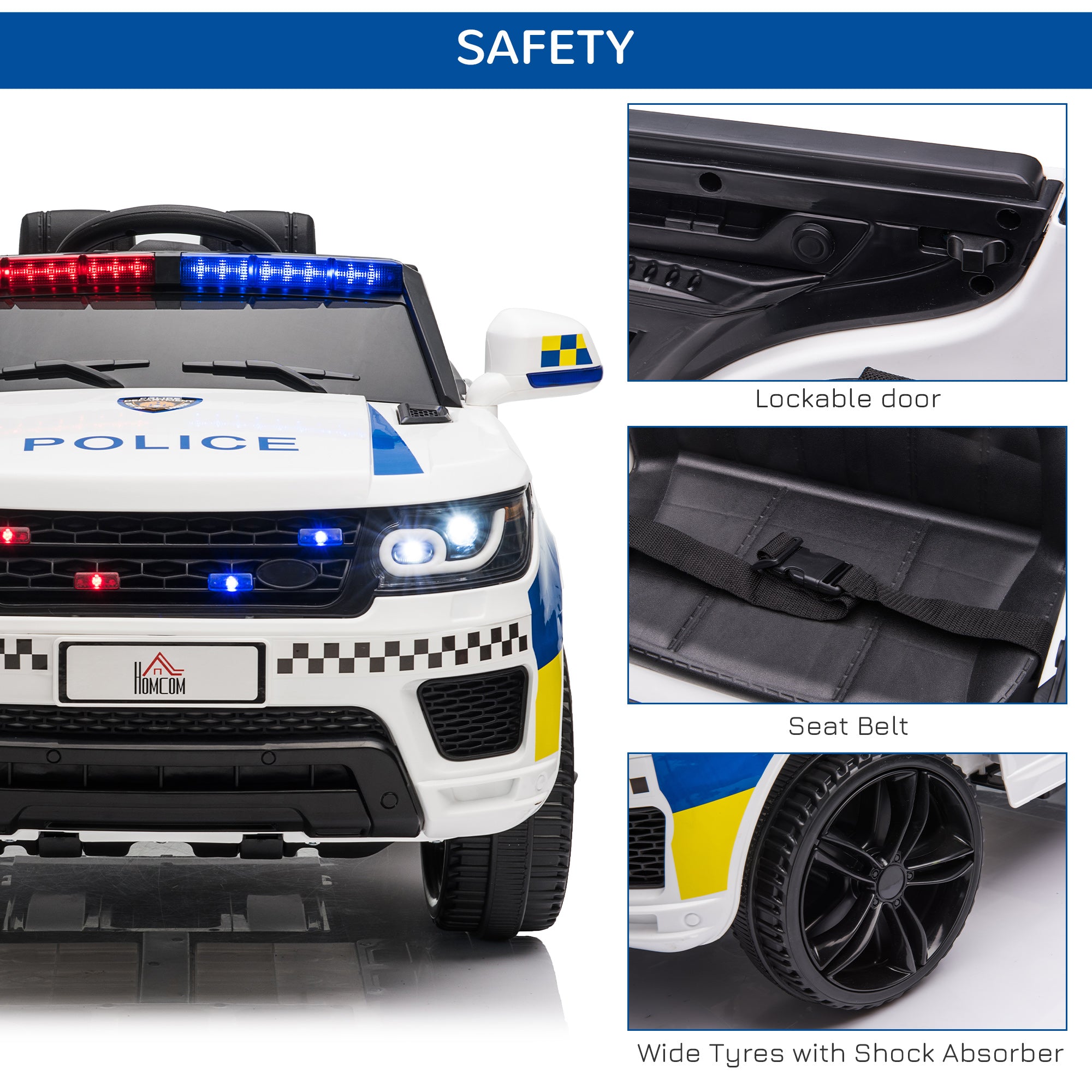 White and blue HOMCOM 12V kids electric police car with wide tyres adjustable speed led lights and checkered pattern