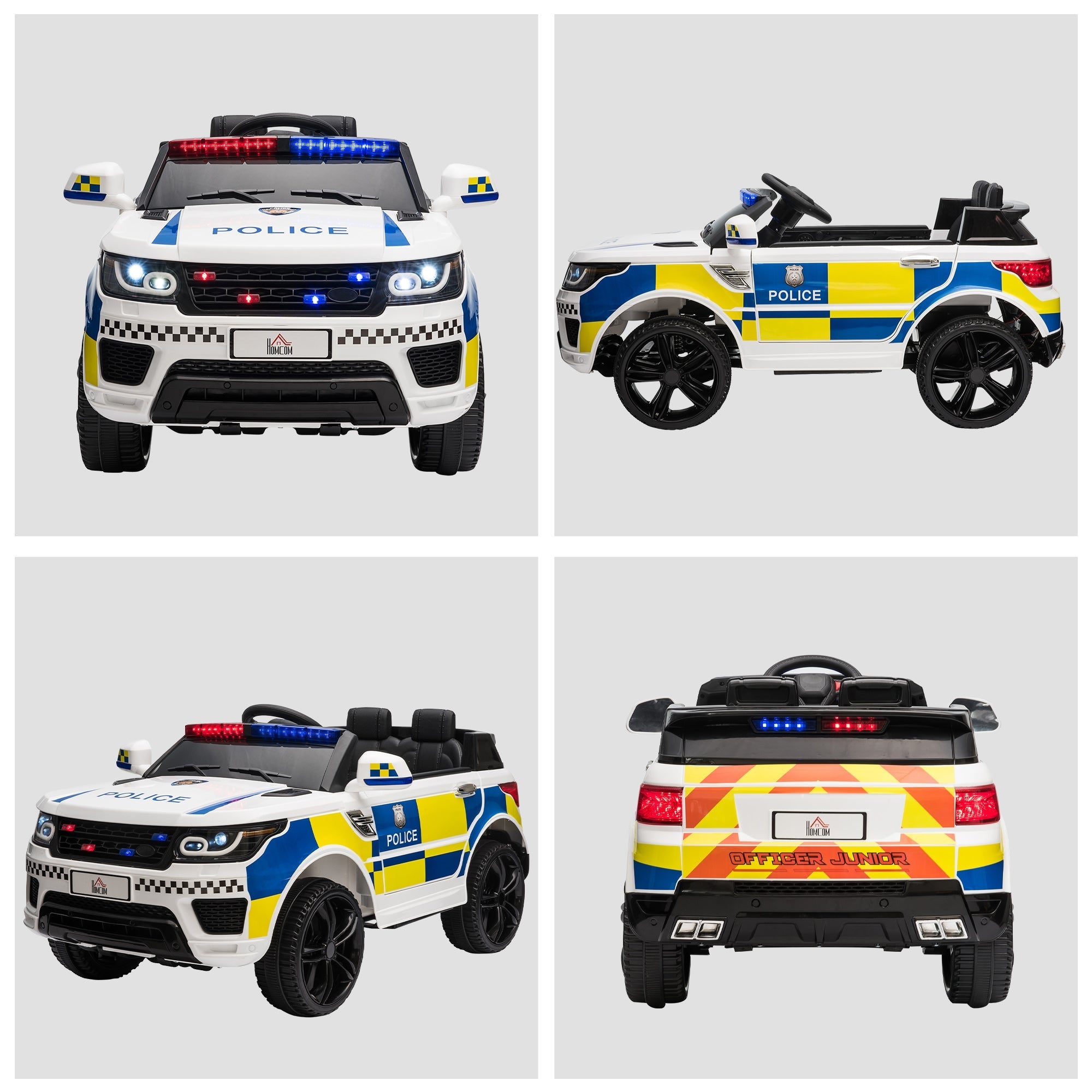 White and blue homcom kids electric police car with wide tyres adjustable speed and flashing red blue lights for ages 3-6