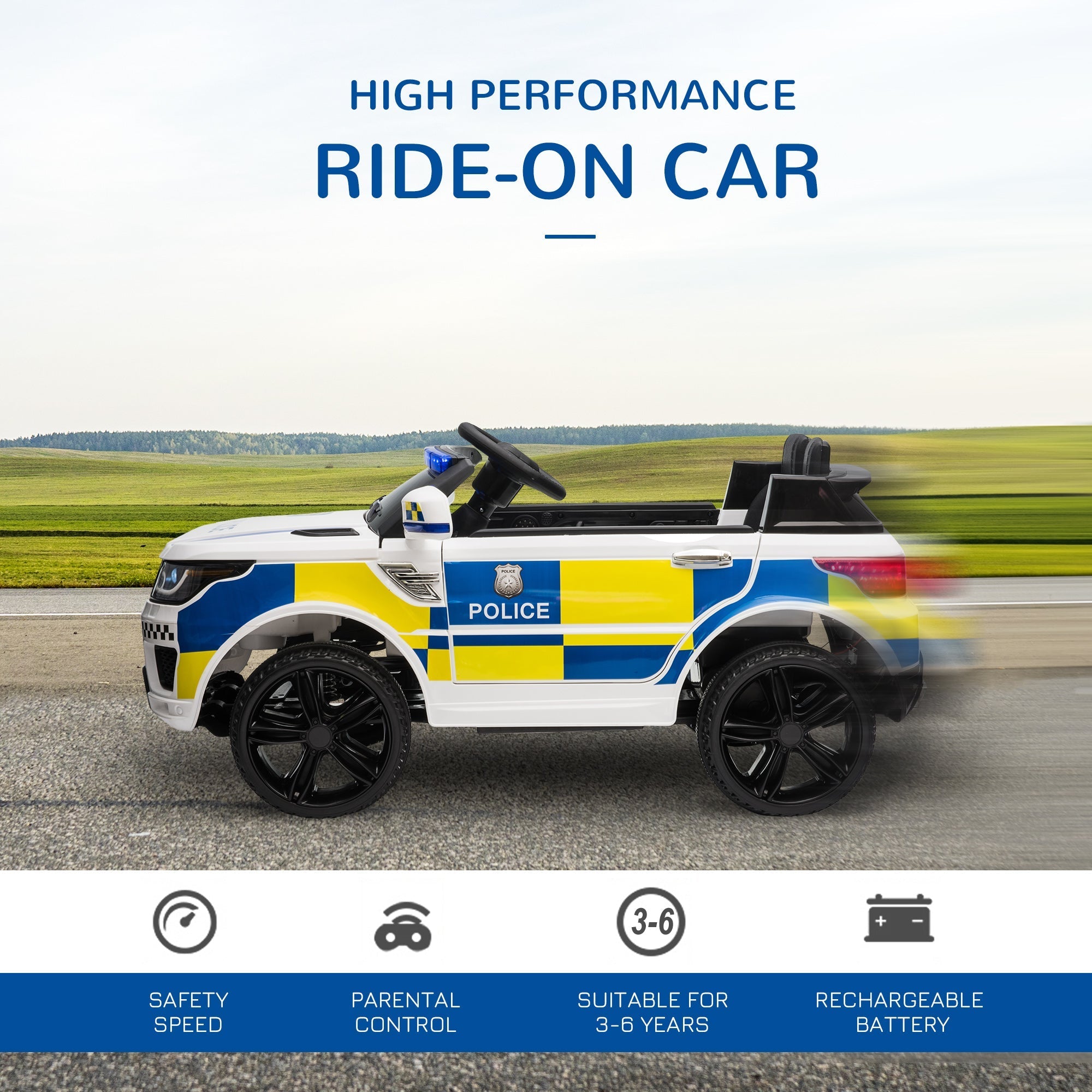 White and blue HOMCOM kids electric ride on police car with wide tyres adjustable speed and flashing roof light