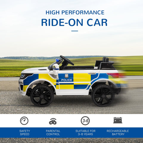 White and blue HOMCOM kids electric ride on police car with wide tyres adjustable speed and flashing roof light
