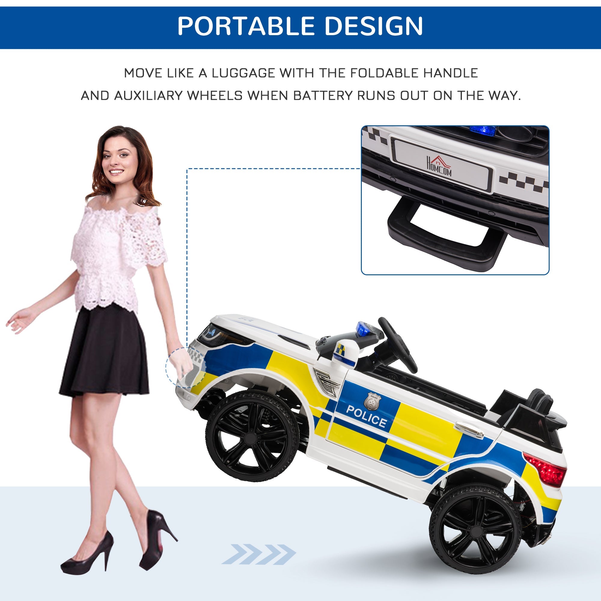 White blue and yellow homcom 12v kids electric police car with wide tyres adjustable speed and foldable handle