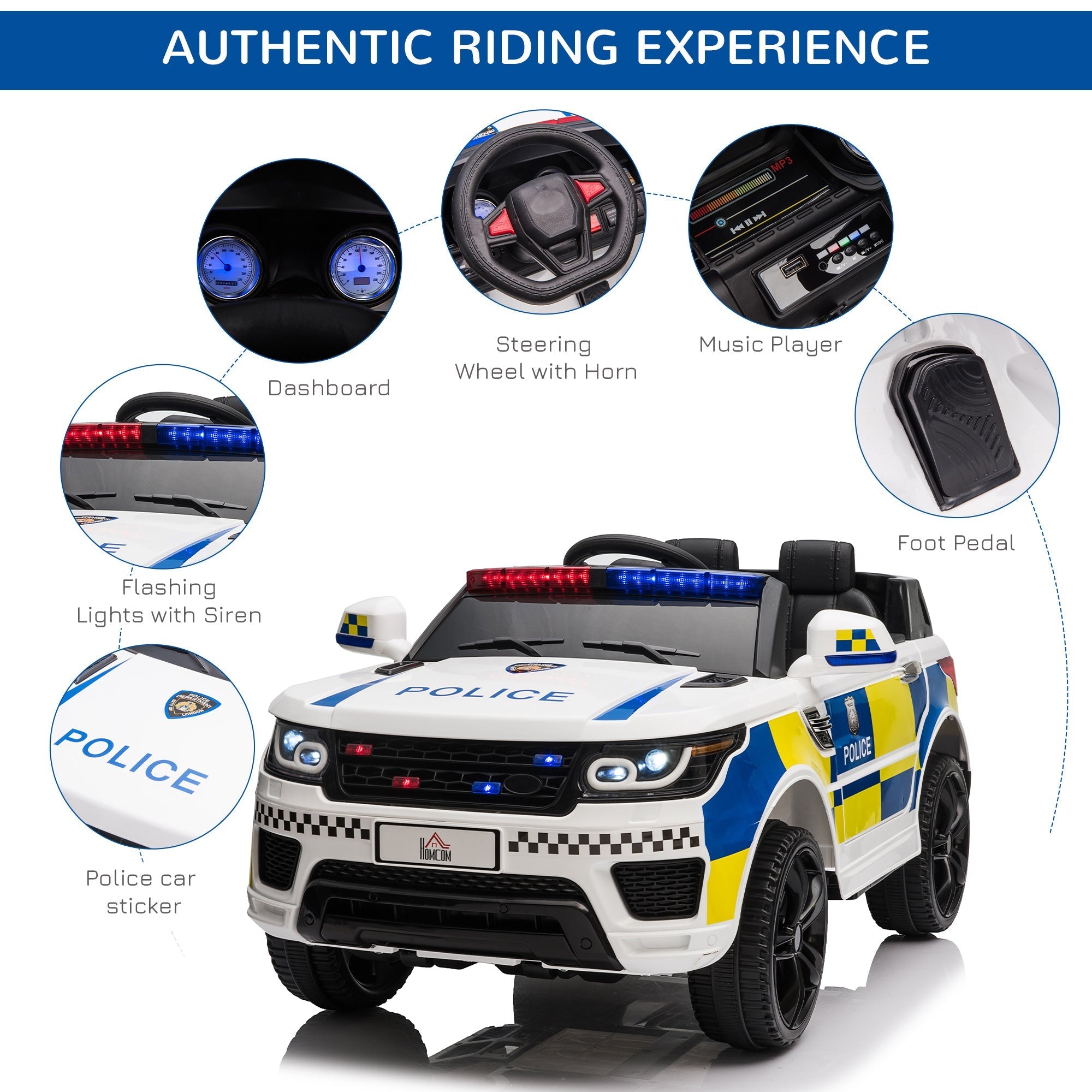 Homcom 12v kids electric police car in white and blue with wide tyres adjustable speed and flashing lights for ages 3 to 6