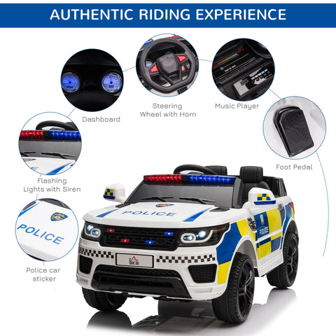 Homcom 12v kids electric police car in white and blue with wide tyres adjustable speed and flashing lights for ages 3 to 6
