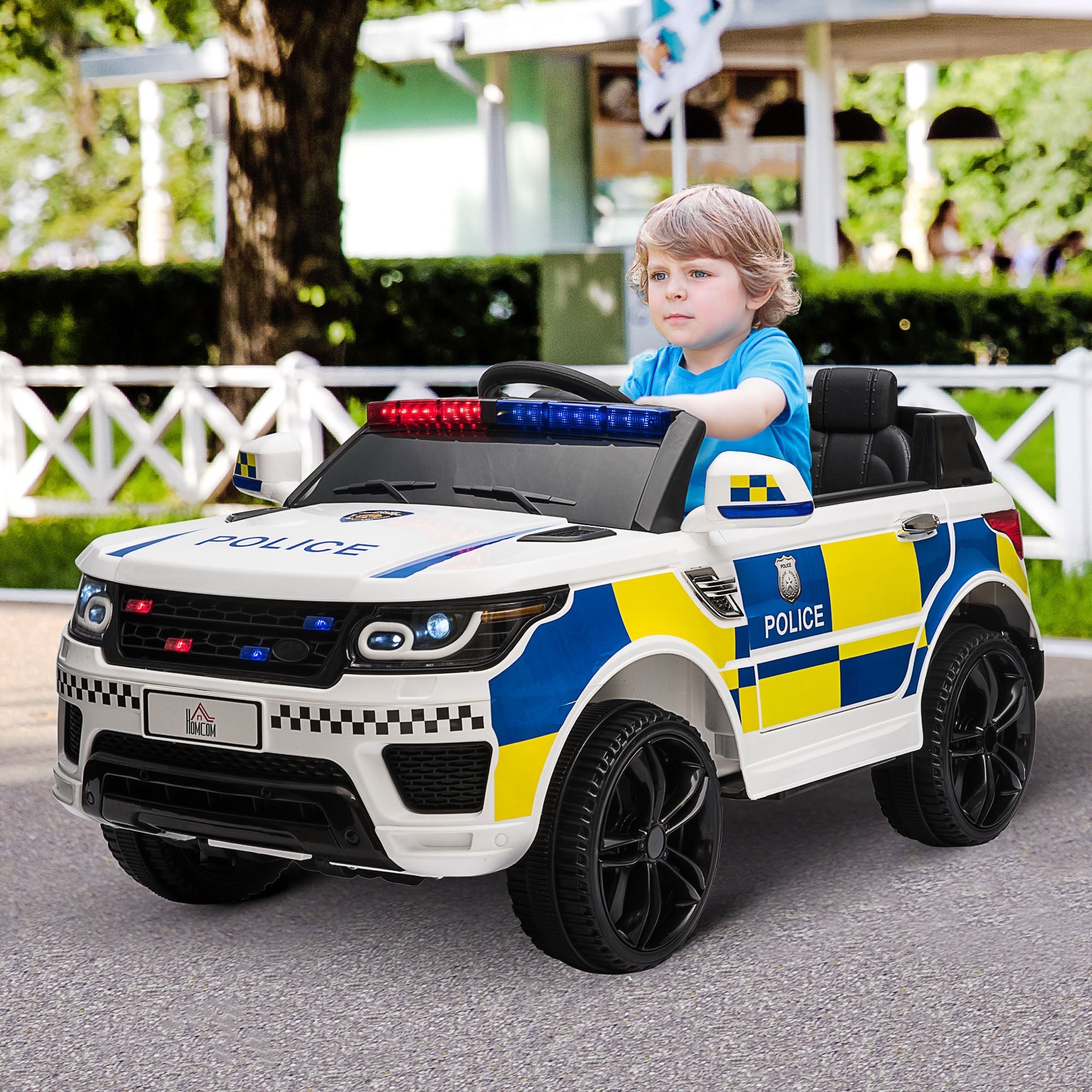 White and blue homcom police car electric ride on with wide tyres adjustable speed and flashing red-blue lights for kids