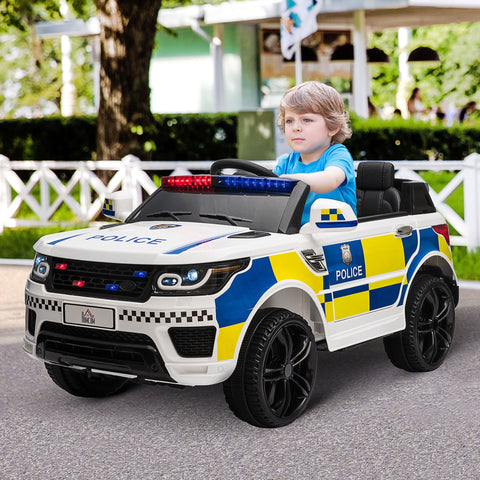 White and blue homcom police car electric ride on with wide tyres adjustable speed and flashing red-blue lights for kids